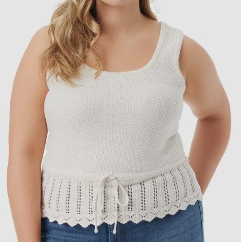 Dainty Crochet Peplum Knit Drawstring Sweater Tank Cream Cottagecore Plus 3X